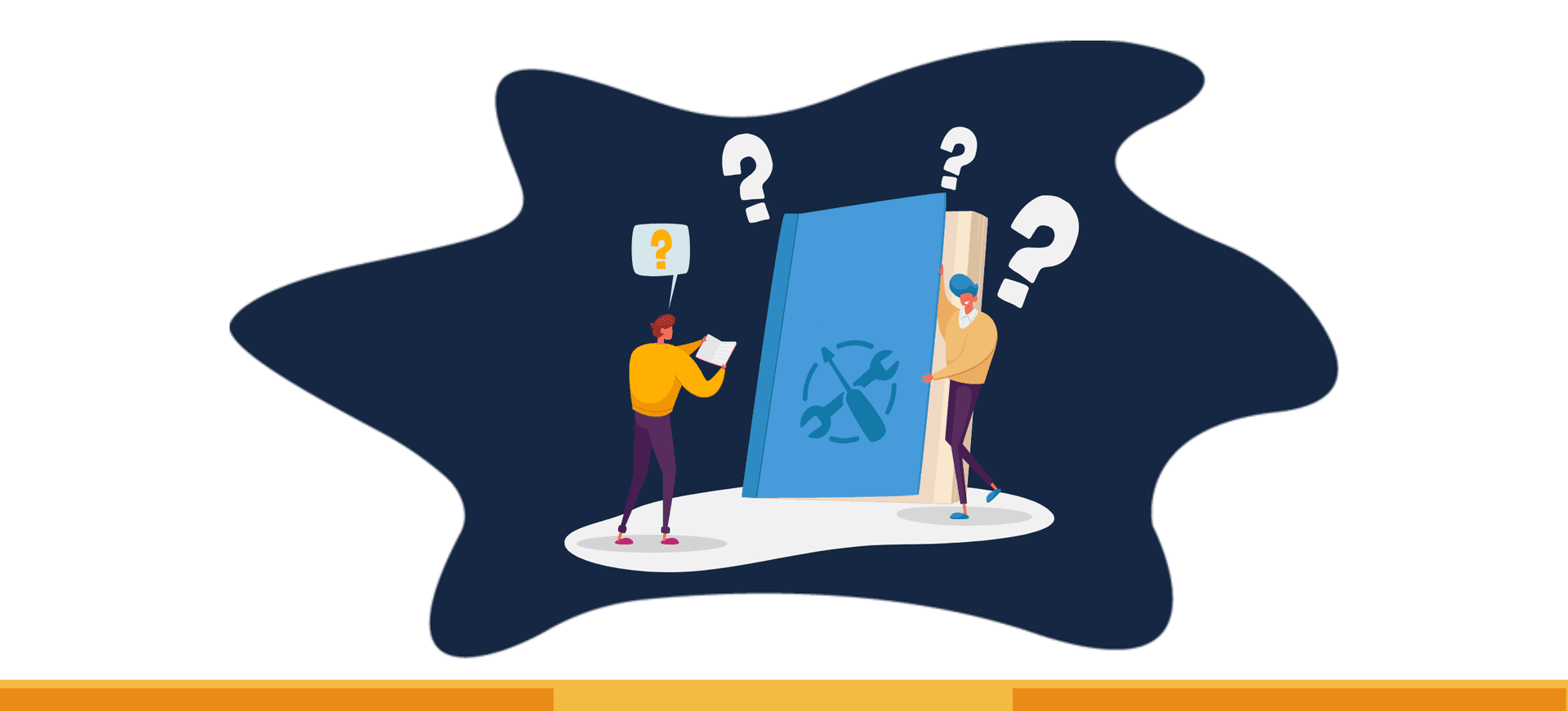 Vector graphic showing questions about creating a handbook in a work environment.