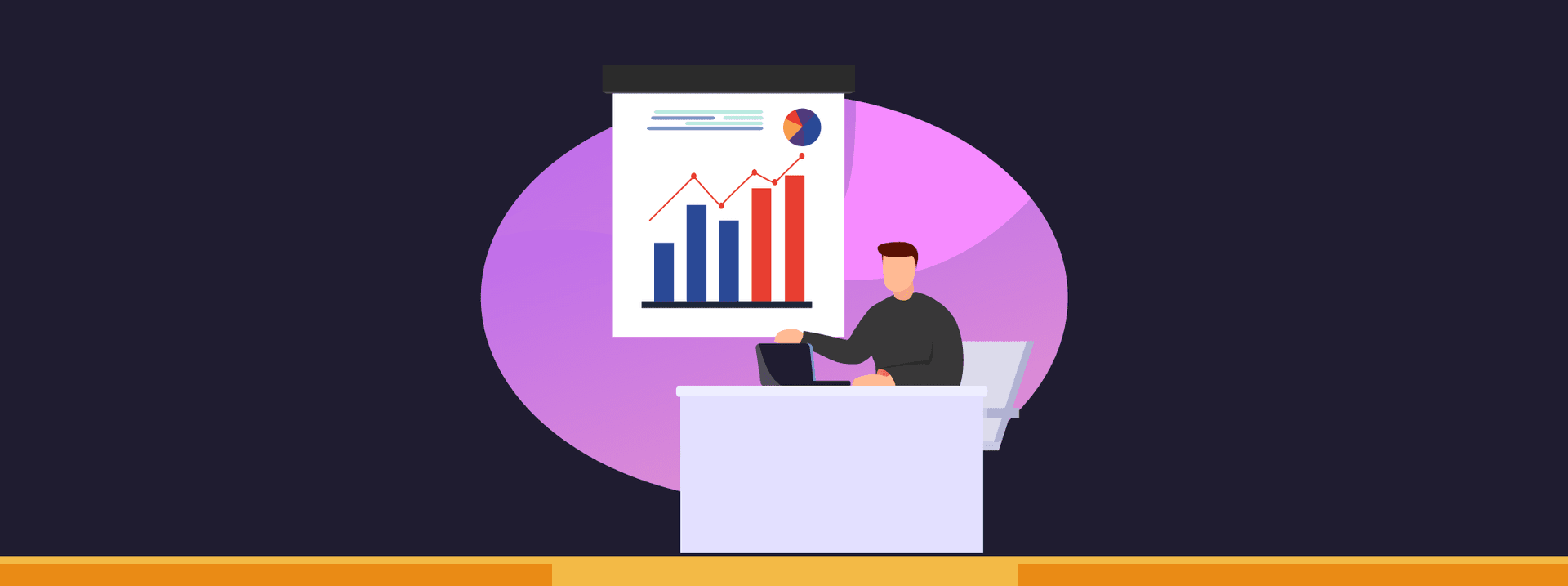Small Business Accounting- graphic showing man at desk looking at graph chart