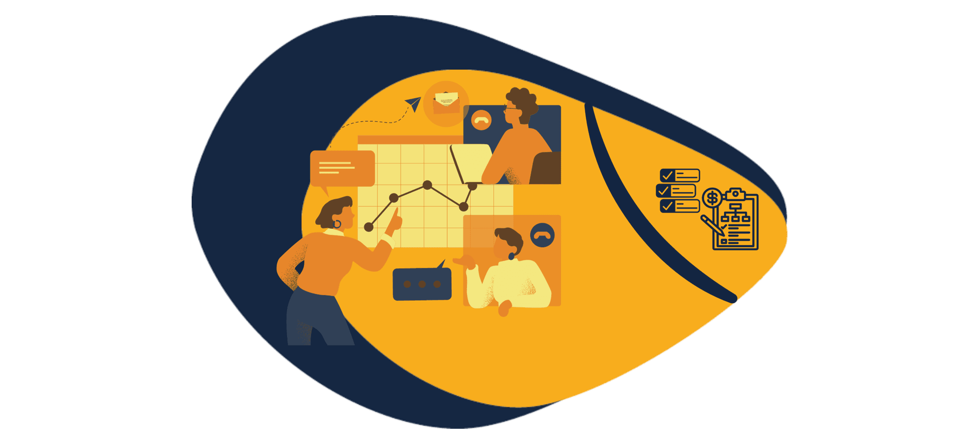 Vector graphic demonstrating a financial team of four supporting a startup company