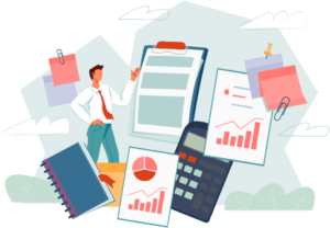 CPA surrounded by charts and graphs - vector graphic.